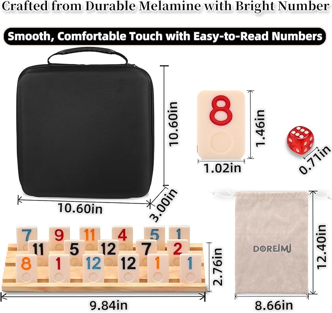Upgraded Rummy Cube Game Set 6-8 Players with 8 Wooden Racks & 214 Rummy Tiles | Travel & Family Board Game for Adults and Kids