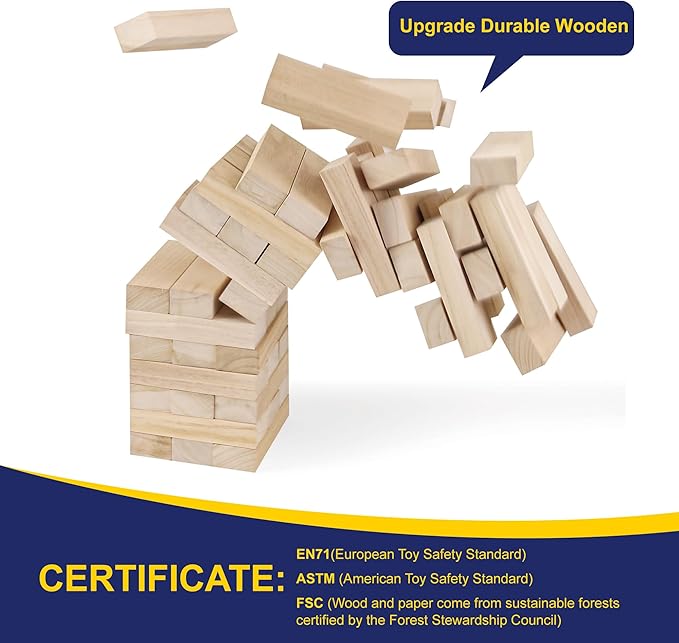 Large Tumble Tower Game, Giant 54 Wooden Blocks Lawn Yard Games with Carry Bag Outdoor Timber Stacking Game for Halloween Christmas Festival Toy Gift for Kids Adults Family (Over 4 Ft)