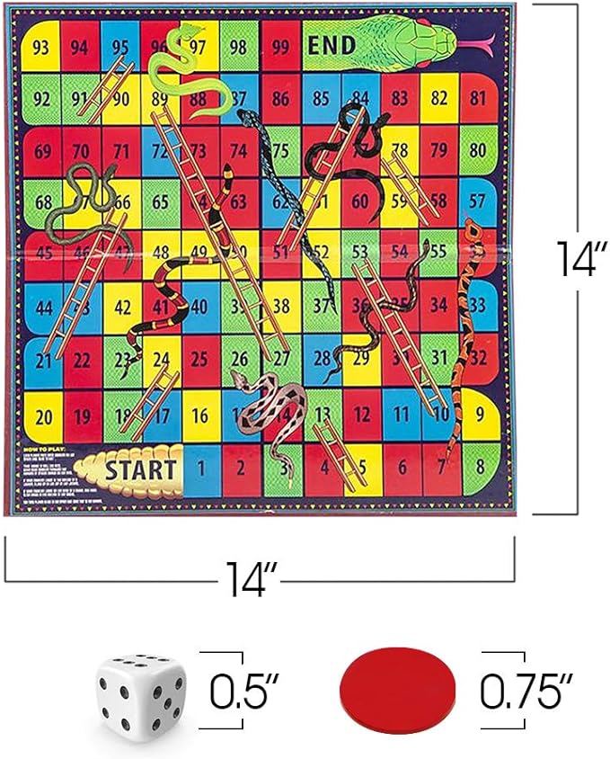 Gamie Snakes and Ladders Board Game for Kids, Complete Set with Board, 6 Pegs, and Dice, Classic Fun for Family Game Night and Classroom, Best Birthday Gift Idea for Boys and Girls
