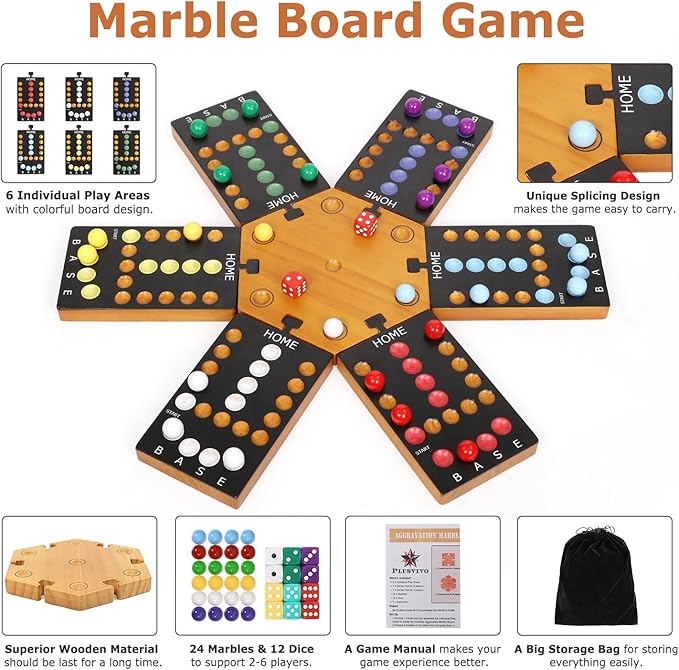 Marble Board Game, Wooden Board Game for 4 and 6 Players, Portable Original Marble Game with 24 Marbles 12 Dice for Family Friends Party Game Night Black