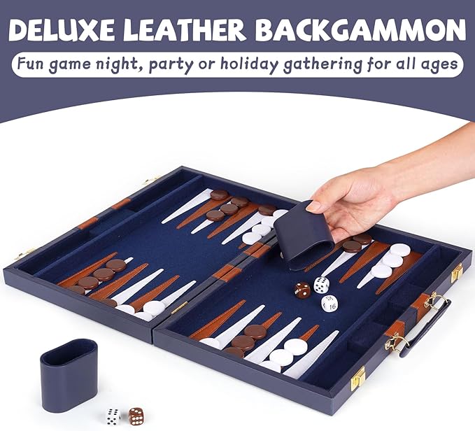 15 Inch Backgammon Sets for Adults ，Classic Family Board Game with Premium Folding Leather Backgammon Case, Portable Travels Strategy Backgammon Game Set