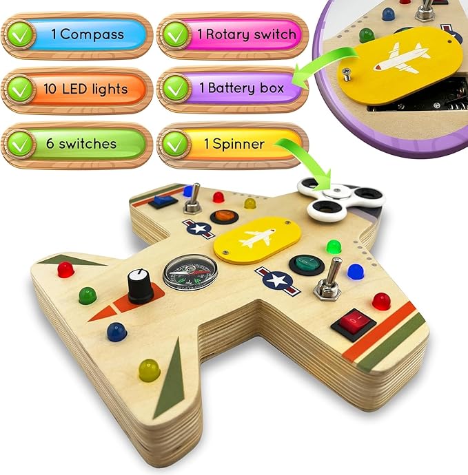 Toddler Montessori Busy Board - Wooden Educational Toy with Lights, Switches, Compass, Relay, Spinner - Sensory Board - Preschool Motor Skills Learning Activities - Christmas & Birthday Gift