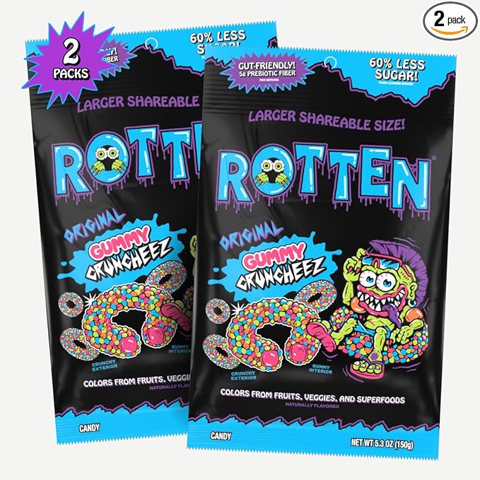 Rotten Original Gummy Cruncheez - Low Sugar, Low Calorie, 5g Gut-Friendly Prebiotic Fiber, Gluten Free Candy, No Artificial Dyes - 5.3 oz Share Pack [2 Pack]