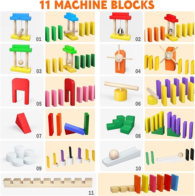 PEBIRA Large Dominoes for Kids, Wooden Dominos Set Include 200 PCS Colorful Domino Blocks, 11 Add-on Tricks and 1 Storage Bag, Bulk Building Dominoes, Kits Gift for Boys Girls Adult