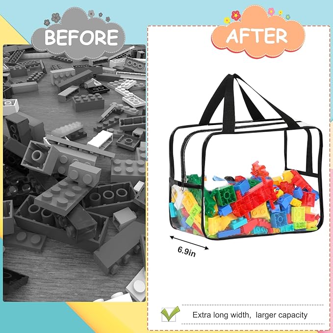 6 Packs Extra Large Toy Storage Bags 12.6×9.25×6.9In with Labels, Reusable Clear PVC Board Game Storage, Travel Waterproof Organizer Bags with Zipper for Building Blocks, Puzzle, Stuffed Animals