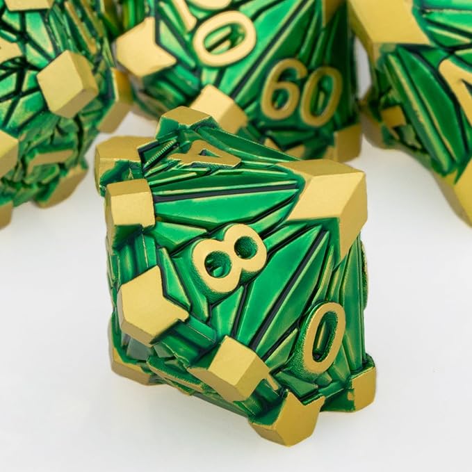 Metal DND Dice Set with Box, Debris RPG Green Golden D and D Dice for use with D&D Tabletop Games Role Playing Game Polyhedral Dice Set D20 D12 D10 D8 D6 D4