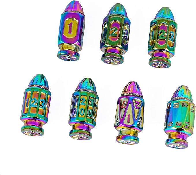 UDIXI Metal DND Bullet Dice Set with Unique Container, 7-Die Polyhedral Dice Set Cool Style for D&D, Role Playing Game or Other Tabletop Games（Colorful）