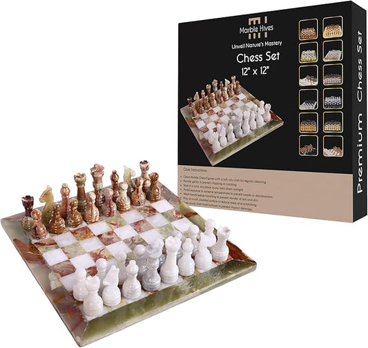 Handmade Marble Chess Set - Green Onyx & White (12 x 12 Inches) - Chess Sets for Adults - Premium Quality Chess Boards - Fancy Chess Boards