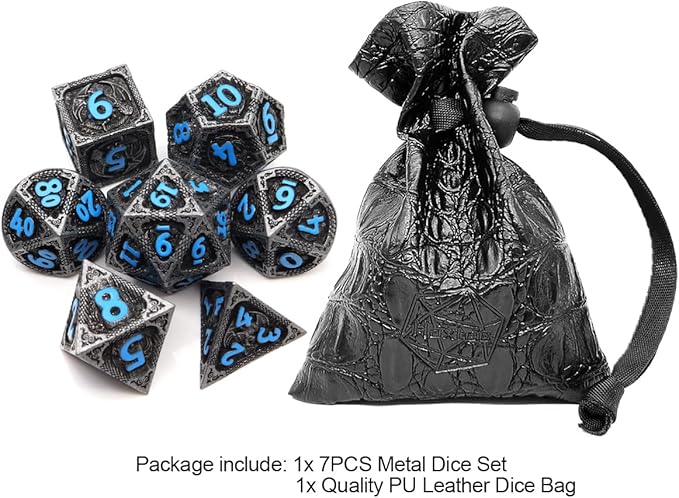 Haxtec Metal DND Dice Set Black Blue Dragon D&D Dice Set with Leather Dice Bag Metal Polyhedral Dice for Dungeons and Dragons Gifts TTRPG Dice