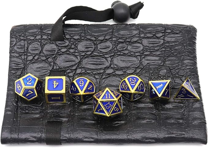 Haxtec Metal DND Dice Set 7 Die Gold Blue Metal D&D Dice for Dungeons and Dragons Games-Glossy Enamel Dice (Gold Blue)