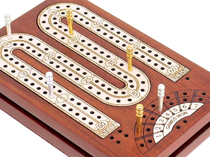 2 Track - Wooden Travel - Pocket Size Cribbage Board - Size: 4.75 Inch - Storage Space for Cribbage Pegs - Score Marking Fields for Won Games - 60 Points - Non Continuous