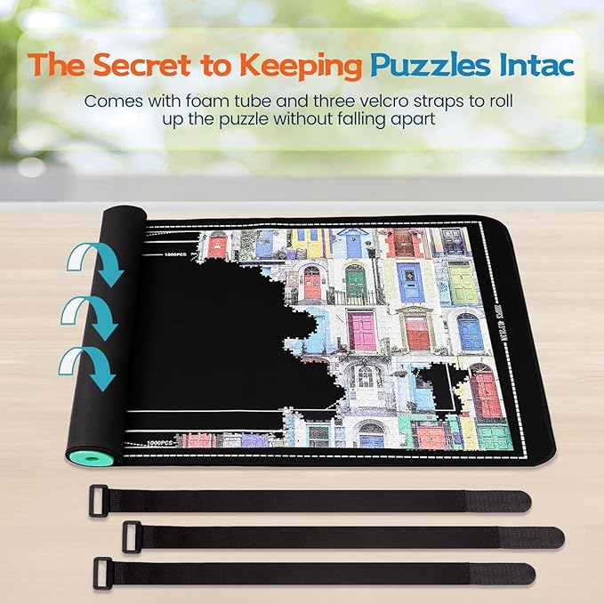 Jigsaw Puzzle Mat Roll Up, Portable Saver Pad 43” x 26” Up to 1500 Pieces, Puzzles Matt Rollup with Non-Slip Rubber Bottom & Smooth Top. (6 Puzzle Sorting Trays & 1 Storage Bag)