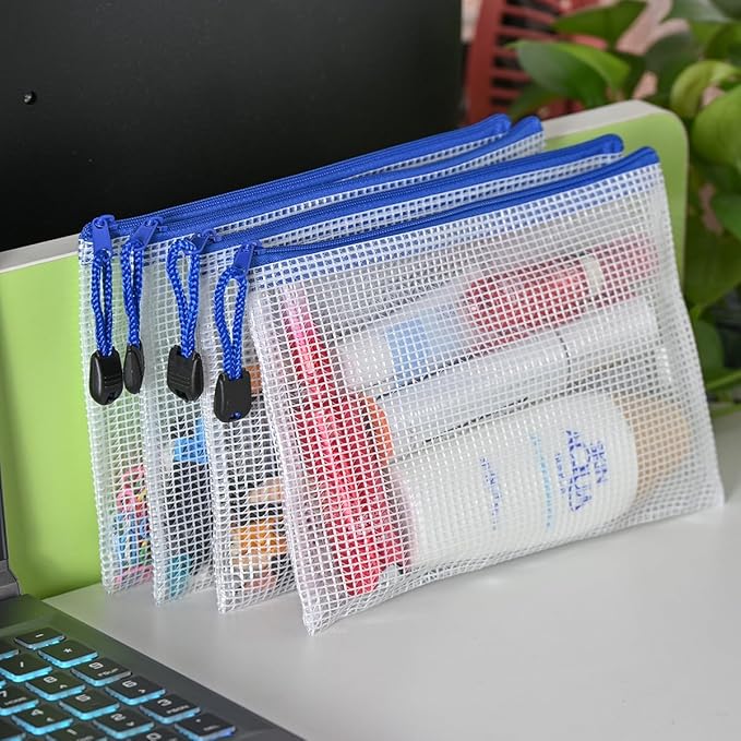AUSTARK 20Pcs Board Games Storage Bags, PVC Mesh Zipper Pouches, Zippered File Bags, Plastic Waterproof Storage Bags for Office School Home Travel Cosmetic (B6 Size 7.6 x 5.3 Inches, White and Blue)