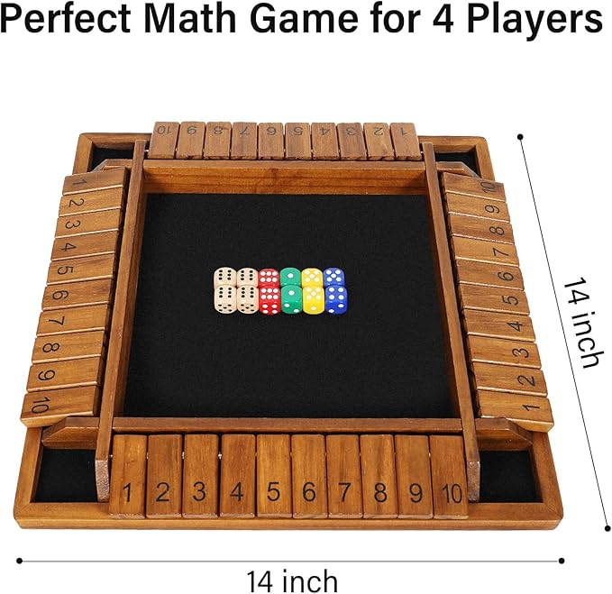 VAMSLOVE Upgraded 14 inches Shut The Box Dice Game Wooden Board Table Math Game with 8+4 Dice for 2-4 Player 4-Sided 10 Number Close The Box for Kids and Adult-Instruction Included
