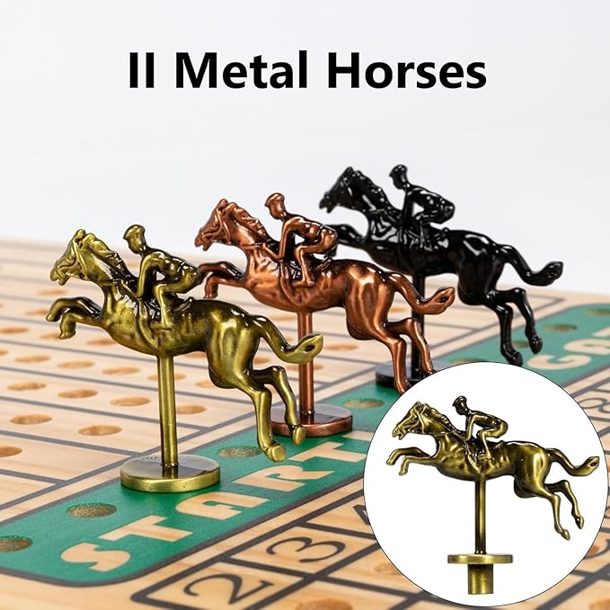Horse Race Board Game, Horse Racing Game with 11 Luxury Metal Horses, 4 Dice, 2 Boxes of Cards, and Thickened Wood Horse Race Game Board