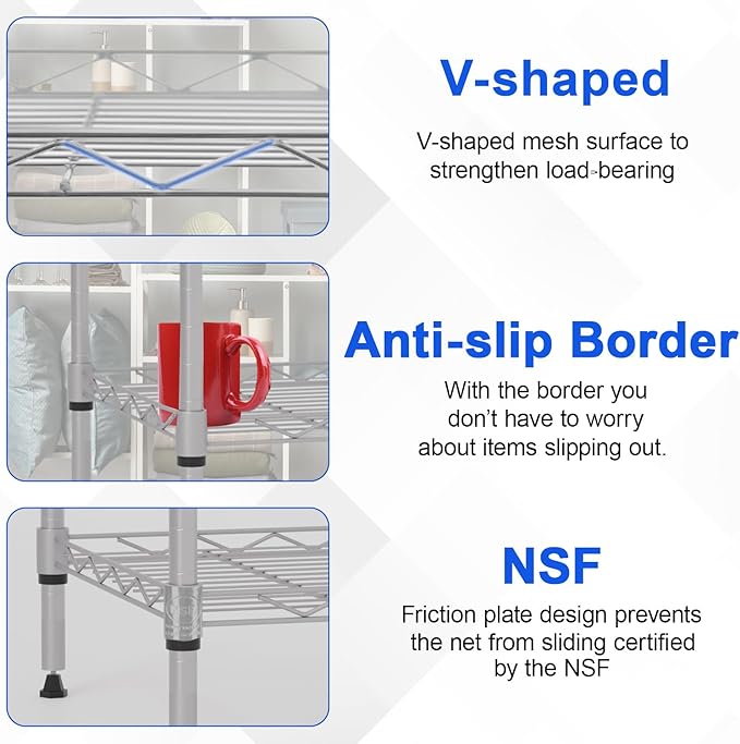 Metal Frame Storage Shelves 5-Tier Wire Shelving NSF Certified Storage Rack Shelf Heavy Duty Storage Shelf with Leveling Feet for Home Kitchen Garage, 12" Dx17 Wx48 H, Chrome