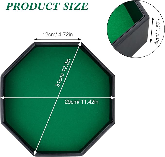 Dice Rolling Tray, Green Felt Lined PU Leather Octagon Dice Tray for Dungeon Crawler Games