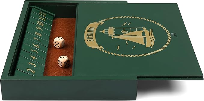 STERLING Games Wooden Shut The Box Game 12 Numbers with Home Decor Design Lid Cover and Felted Rolling Surface, Green
