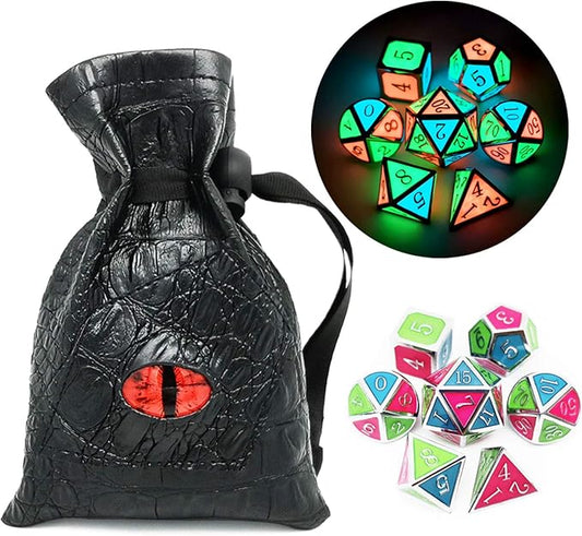 Haxtec Glow in The Dark Glowing Blue Red Green Silver Metal Dice Set D&D 7PCS DND Dice Set for Dungeons and Dragons RPG Games-Silver Glowing Blue Green Red