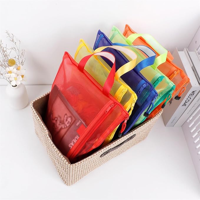 10 Pack 5 Color Mesh Zipper Pouch Bags, Nylon Puzzle Building Block Sets Toy Storage & Organization, Breathable See Through A4 Zipper Pouch with Handle for School Games