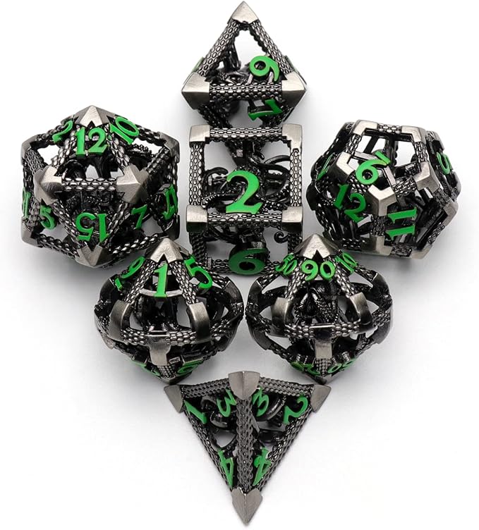 Hollow Cthulhu Metal Polyhedral Dice Set - D&D, Pathfinder, Warhammer, Shadowrun Gaming Dice (Green Number)