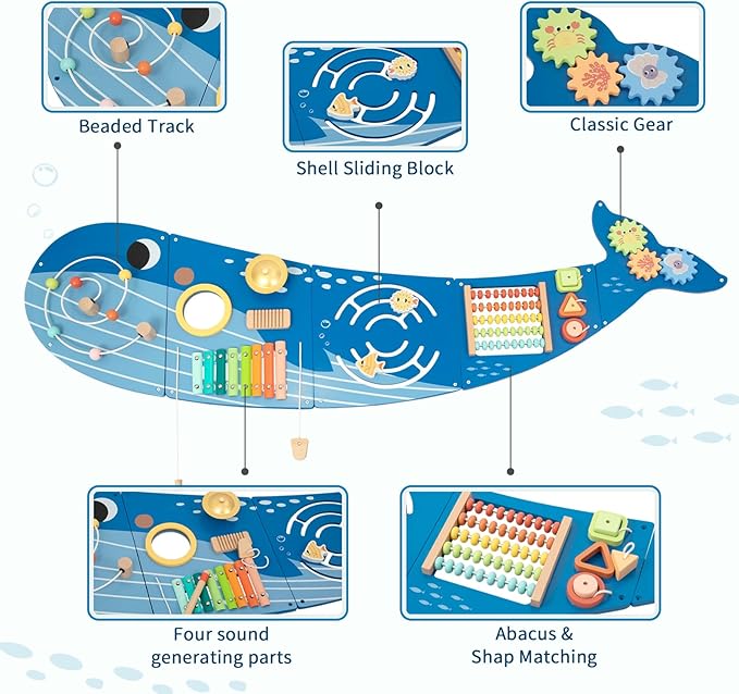 Whale Wall Busy Board Panel, Montessori Sensory Toy, Toddler Learning Activity Center, Toddler Learning Activity Center, Interactive Toys, Wooden Sensory Wall Develops Kids Skills in All Aspects