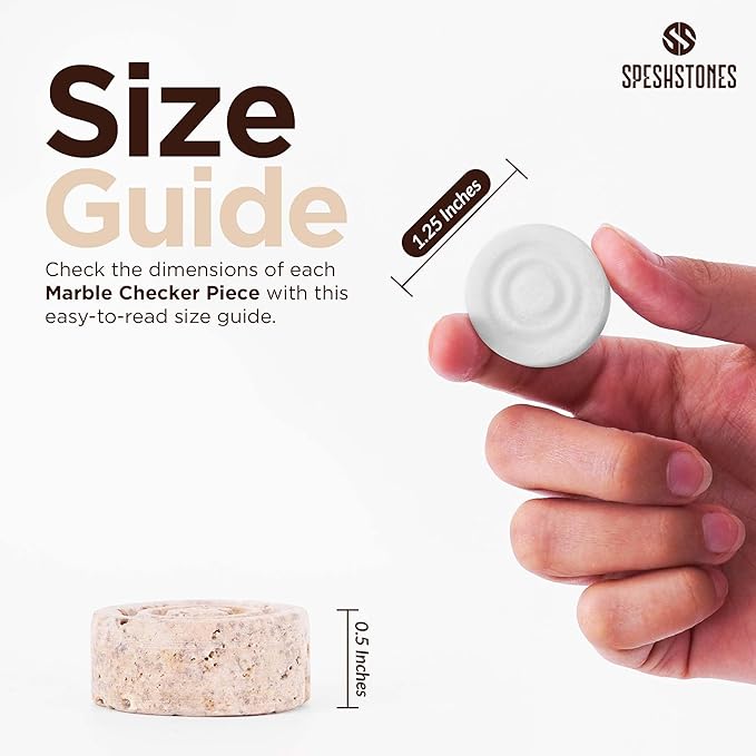 Marble Checkers 1.25 Inch White and Travertine Stone Pieces for Classic Checker Board Games, Tabletop Strategy Set for Adults & Family, Travel and Outdoor Play