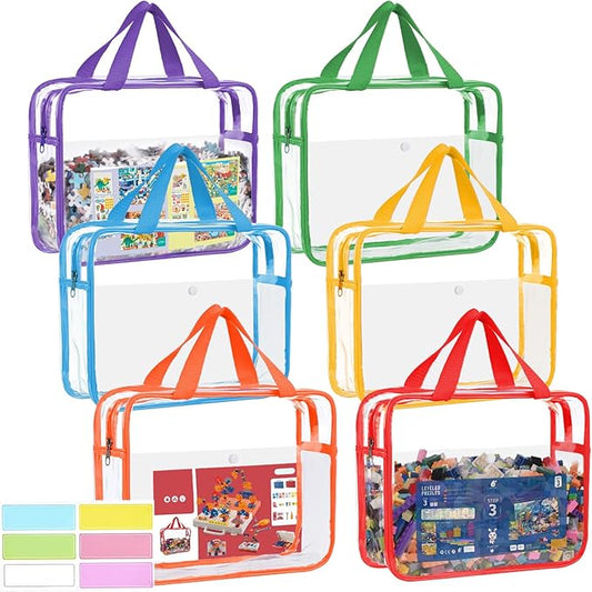 6 Packs Clear Toy Storage Bags with Zipper & Labels, Clear PVC Toy Organizer Bags Reusable with Pocket for Board Games, Building Blocks, Puzzles, Toys