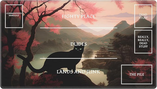 MTG Playmat Stitched with Magic Zone for MTG Card Game Playing, Commander Board Game Desk Mat Duel Mat Card Battles Binder Deck 24x14inches for Beginner, Pink Tree Black Cat