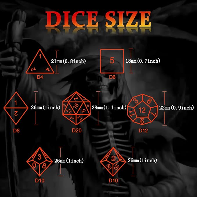 DND Dice, Dungeons and Dragons Dice Metal Polyhedral Dice Set Role Playing D&D Dice HNCCESG Hollow Grim Reaper Dice Gaming D and D Dice for Table Game RPG Pathfinder Warhammer Shadowrun (Blood)