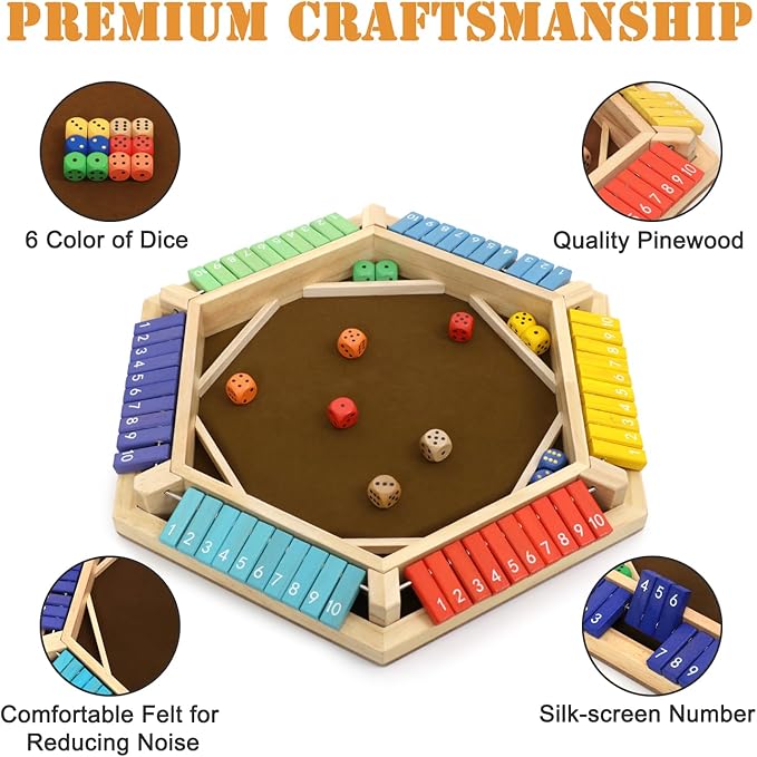 Shut The Box Game, 1-6 Players Wooden Board Dice Game with 14 Dice for Kids and Adults, Classical Tabletop Math Strategy Game for Family Home Classroom Pub