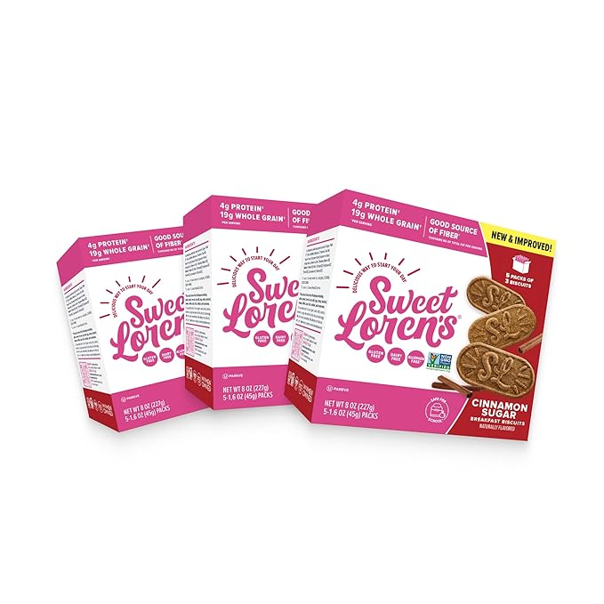 Sweet Loren's Vegan Breakfast Biscuits | Cinnamon Sugar | 4g Protein, 19g Whole Grains | Plant Based, Gluten Free, Dairy Free, Nut Free Snacks | 3 Pack (15 Total Biscuits, 1.6 ounce each)