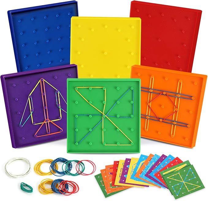 6 Pack Double-Sided Geoboard Mathematical Manipulative Material Array Block Geo Board, Educational Toy for Kids with Rubber Bands and 15pcs Pattern Card, STEM Shape Puzzle Brain Teaser Toy, 5x5 Inch