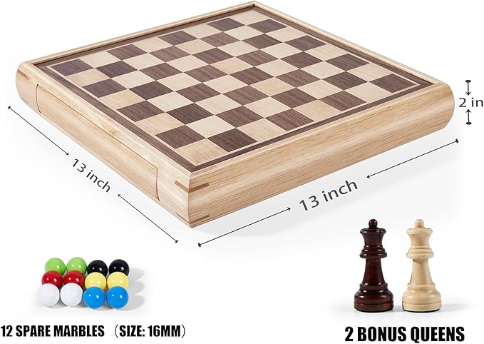 VAMSLOVE 13" Chess Chinese Checkers 2 in 1 Wooden Board Game Set with Pieces Storage Drawer - 2 Extra Queens, Bonus Marbles, for Birthday Gift (Instructions Included)