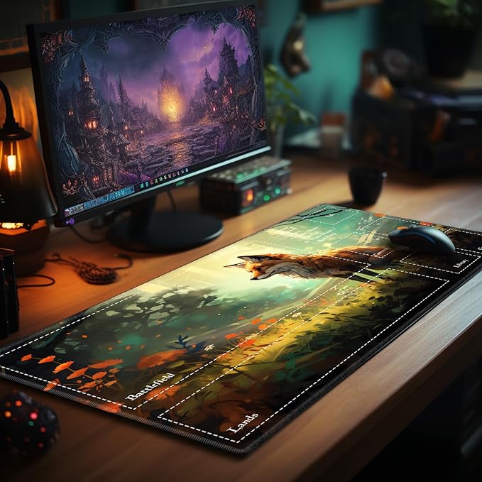 Playmat with Zones for MTG Card Game Playing, 24"x14" Commander Deck Gaming Desk Duel Mat for Beginner, Forest Fox