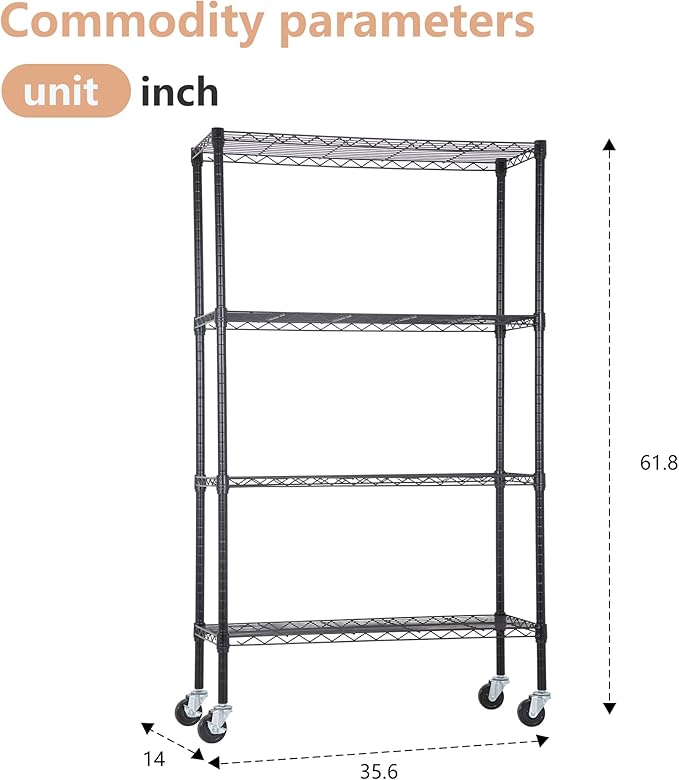 4-Tier Adjustable NSF-Certified Metal Shelf 36L x 14W x 62H Wire Shelving Unit Storage with Wheel for Small Places Restaurant Garage Pantry Kitchen Garage Rack,Black