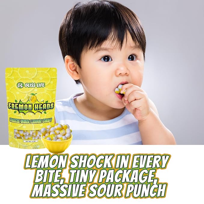 Fremon Heads Freeze Dried Lemon Fruit Candy from TikTok, ASMR Crunchy Candy, Sweet and Sour Kids Snacks, Unique Novelty Snack for Kids 4OZ