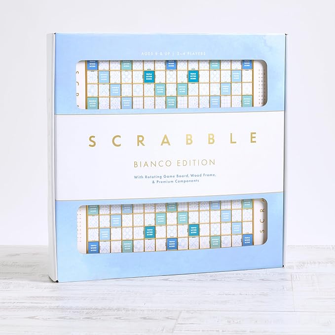 WS Game Company Scrabble Bianco Edition with Rotating Wooden Game Board