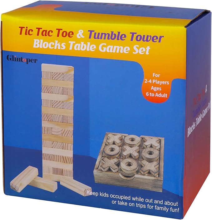 Glintoper Tic Tac Toe & Tumble Tower Blocks Game Set, Classic Wood Stacking & XOXO Strategy Board Game for Travel, Kids Family, Living Room Rustic Coffee Table Decor