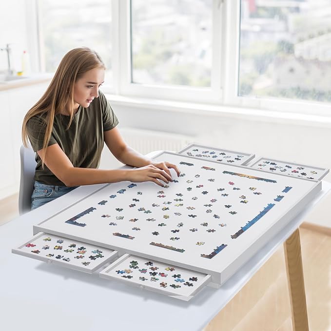 TEAKMAMA 1500 Piece Wooden Jigsaw Puzzle Board with 4 Drawers, Folding Puzzle Table with Protective Cover, Jigsaw Board with Legs, Multifunctional Game Table for Adults, 34W x 26.3D, White