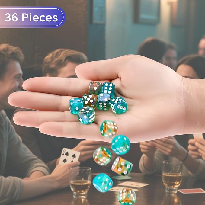 36 Pieces 12mm 6 Sided Mini Dice Set,Two Colours Glitter D6 Game Dice Set,6 Sided Standard Game Dice for Board Games Dice Games Classroom Teaching Dices Game,with Portable Gaming Box(Orange & Green)