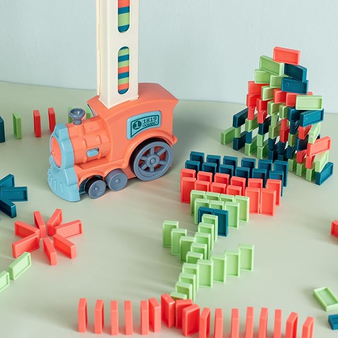Automatic Domino Train for Kids 200pcs Blocks Montessori Dominos Stacking Toys Christmas or Birthday Gifts for 3 4 5 Year Old Boys Girls Toddler Age 6-8 Game Play (Orange)
