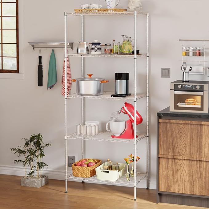 Large Wire Shelving Unit 5-Tier Metal Storage Shelves Heavy Duty Garage Shelving Adjustable Storage Shelf Rack with Leveling Feet for Home Kitchen Garage, 14" Dx23.8 Wx60 H, Chrome