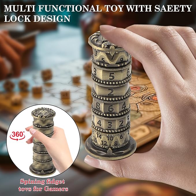 Pagoda Dice Spinner, 7 in 1 Metal Unique Roulette Dice for Sci-Fi, War, Crime Theme Tabletop Games