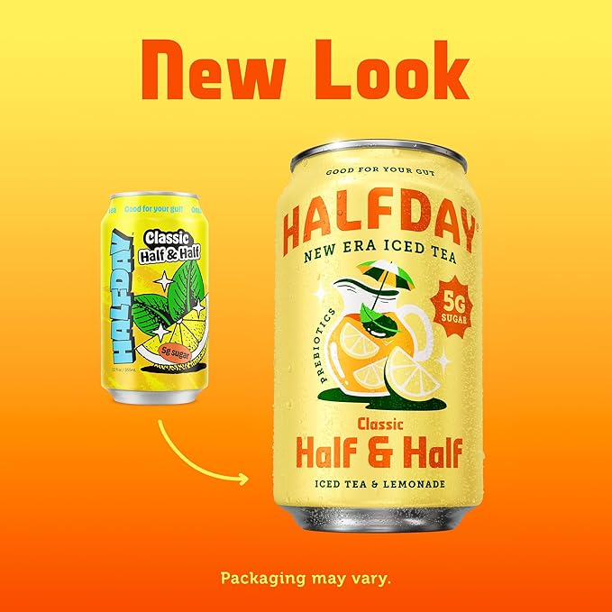 HALFDAY Prebiotic Half & Half Iced Tea Cans, Supports Digestive & Gut Health, 6g Plant Fiber & Prebiotics, Low Sugar, 40 Calories, Real Brewed Tea, Natural Caffeine, Gluten Free, 12 fl oz (12 pack)