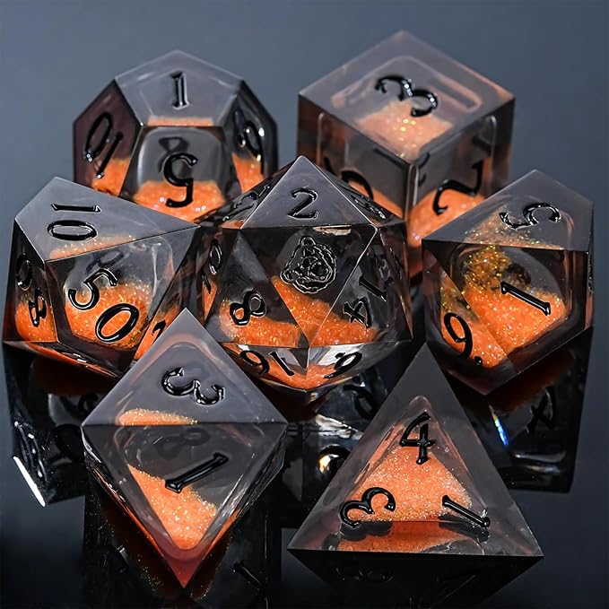 DND Dice Set - Handcrafted Liquid Core Sharp Edge 7-Die Resin Dice with Colorful Quicksand Effect，for DND, RPG, MTG, Tabletop Games（BLBZE BEHR Soul）