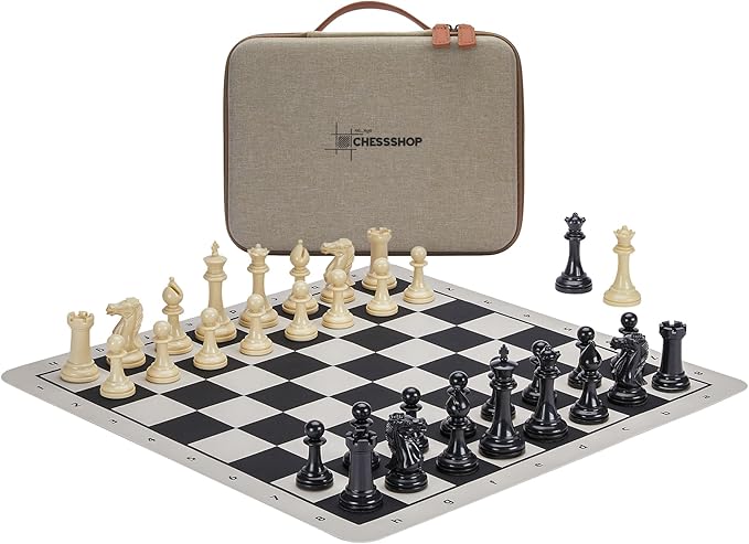 Conqueror Tournament Travel Chess Set 18''x18'' Foldable Silicone Chess Board / 3.5'' King Height Plastic Double Weighted Classic Staunton (Black and White Chessboard)