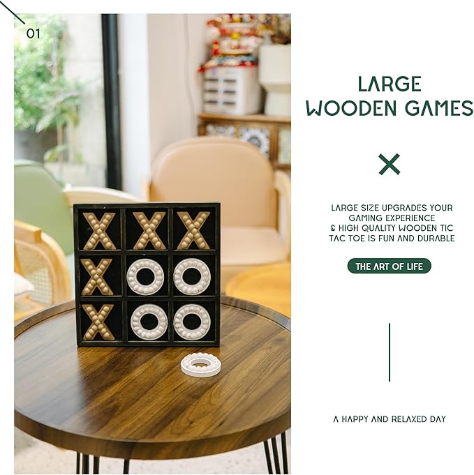 GENMOUS Wooden Tic Tac Toe Game Board for Seniors Family Indoor Game, 10.6 Inch Black Rustic Giant Tic Tac Toe Coffee Table Decor, Tic Tac Toe Board Game Fun for Family Travel Outdoor Game Room Decor