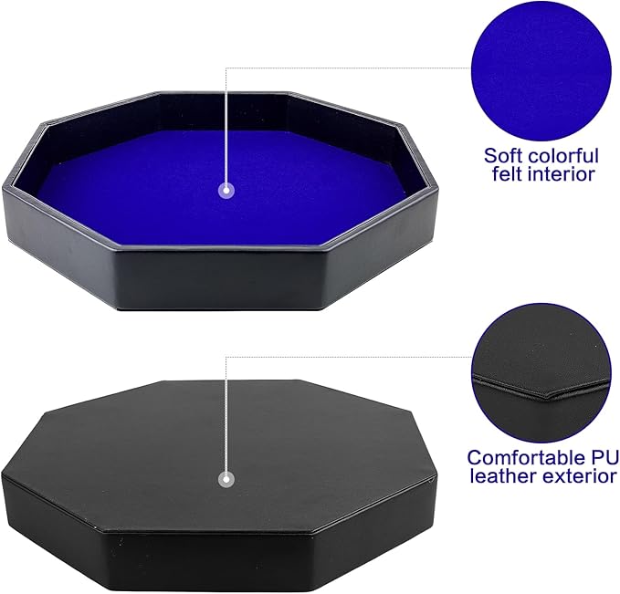 Dice Rolling Tray, Blue Felt Lined PU Leather Octagon Dice Tray for Dungeon Crawler Games