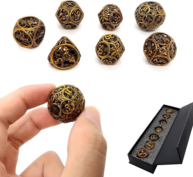 DND Dice,Hollow D&D Metal Dice,Unique Round Ball Design Octopus Dice with Gift Box for Dungeons & Dragon Gaming,7 PCs Steampunk Polyhedral D and D Dic(Ball Octopus Ancient Gold)